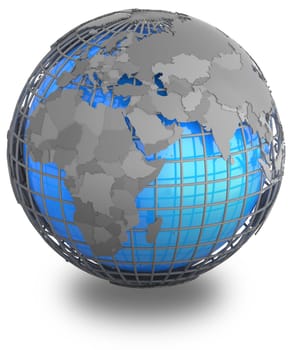 Eastern Hemisphere on a grey geographic net enveloping Earth, isolated on white background.