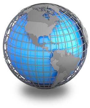 Americas on a grey geographic net enveloping Earth, isolated on white background.