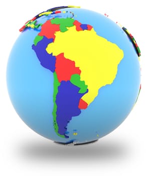 Political map of South America with countries in four colours, isolated on white background.
