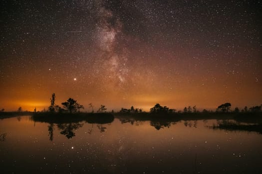Swamp Bog Marsh Wetland Lake Nature Night Landscape. Night Starry Sky Milky Way Galaxy With Glowing Stars And Moon. Nature Night Sky Reflection In Water. Yelnya Swamp In Belarus.