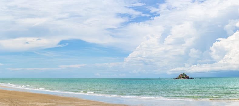 Panoramic nature landscape view of beautiful tropical beach and sea in sunny day with small island