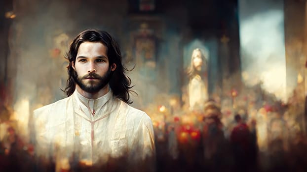 Jesus Christ, people pray in a church, religion and faith of christianity, illustration
