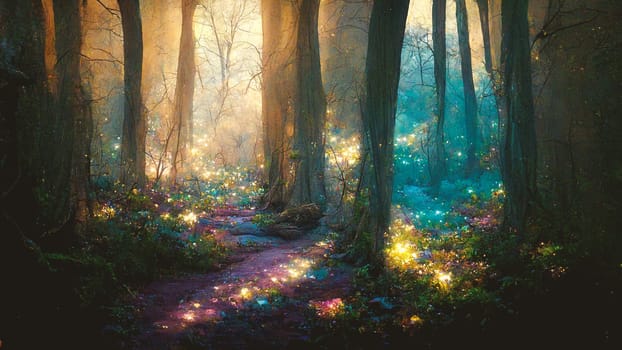 Mystic fairy tale forest in the night with glowing lights, illustration of a dreamlike landscape