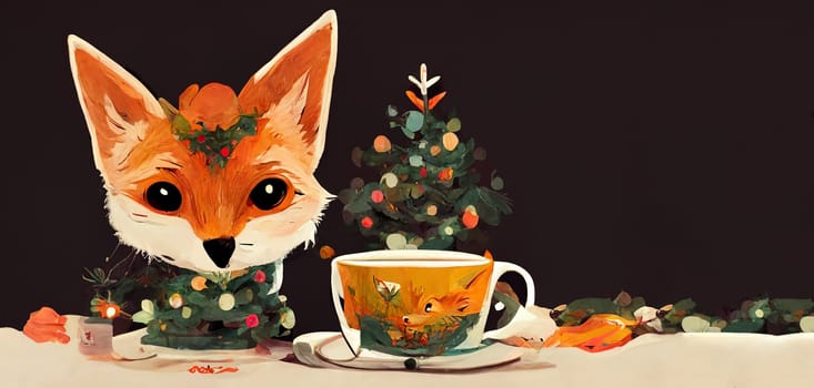 Fox sitting on a table and drinks a hot tea, christmas tree with light and baubles, winter greeting card