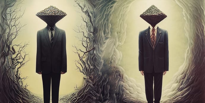 Workaholic man with a funnel head and business suit, overwhelmed by overthinking, working and information, burnout and stress, mental health, illustration