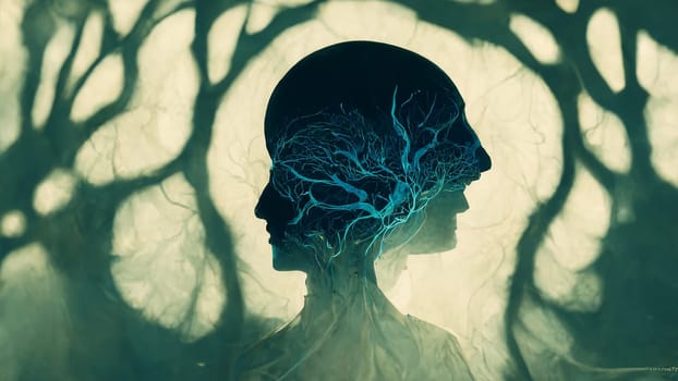 Head with faces looking in different directions, inner conflict with identity, deceitfulness and inside torn personality, psychology concept
