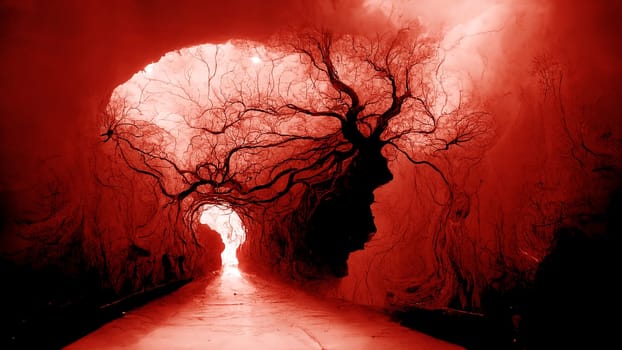 Red tree brain with human face, tunnel through a cave, surreal illustration, spiritual concept, having thoughts and ideas