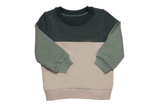 Autumn and winter children clothes. A two tone green beige cozy warm sweater or pullover isolated on a white background. Clipping path. Spring fashion for child boy.