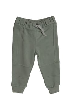 Children's sportswear. Close-up of a green Kids baby sports sweatpants isolated on white background. Spring and autumn fashion pants for childs.