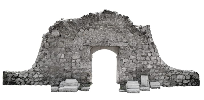 front view closeup of ancient door with architectural stone arcade archway and surrounding wall isolated on white background