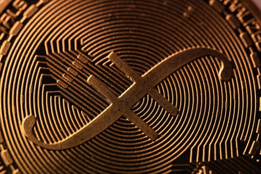 top view extreme macro closeup of crypto filecoin golden coin with letter f symbol logo