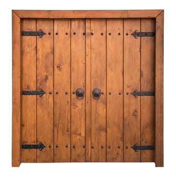 front view closeup of vintage wooden large double barn door with brown wood texture and metallic handle and bolts isolated on white background