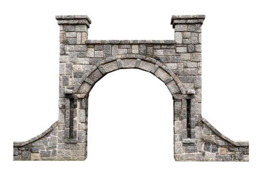 front view closeup of ancient door with architectural stone arcade archway and surrounding wall isolated on white background
