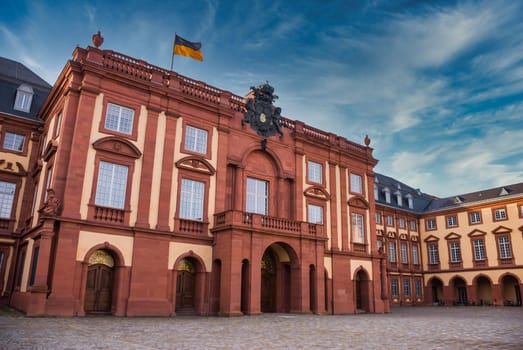 Mannheim University Entrance Building, view from low angle during a sunny day, Castle, Germany