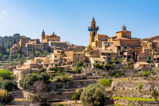 A beautiful view of the stairs and the buildings in Valldemossa, Mallorca Spain on a sunny day