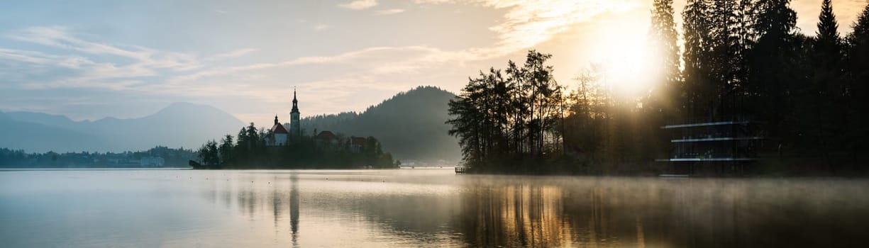 Amazing View in autumn  : Bled Lake, Island,Church And Castle With Mountain Range (Stol, Vrtaca, Begunjscica) In The Background-Bled,Slovenia,Europe