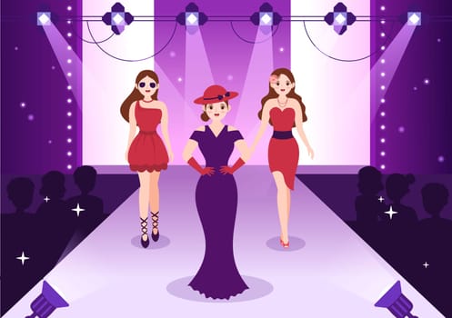 Professional Model Template Hand Drawn Cartoon Flat Illustration with Beautiful Women Models Walking on Podium in Fashion Week Event