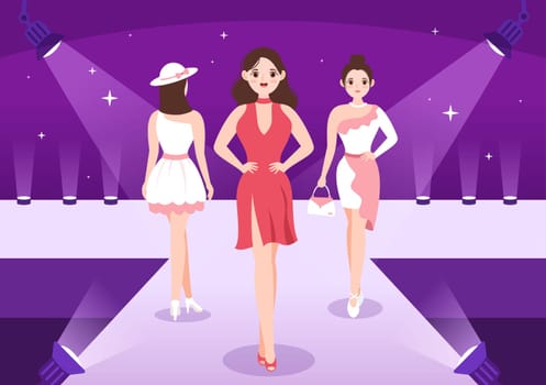 Professional Model Template Hand Drawn Cartoon Flat Illustration with Beautiful Women Models Walking on Podium in Fashion Week Event