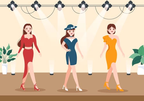 Professional Model Template Hand Drawn Cartoon Flat Illustration with Beautiful Women Models Walking on Podium in Fashion Week Event