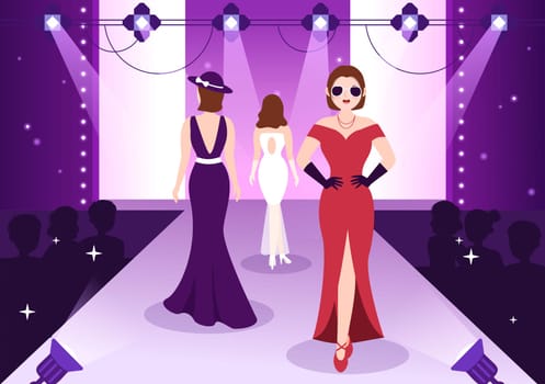 Professional Model Template Hand Drawn Cartoon Flat Illustration with Beautiful Women Models Walking on Podium in Fashion Week Event