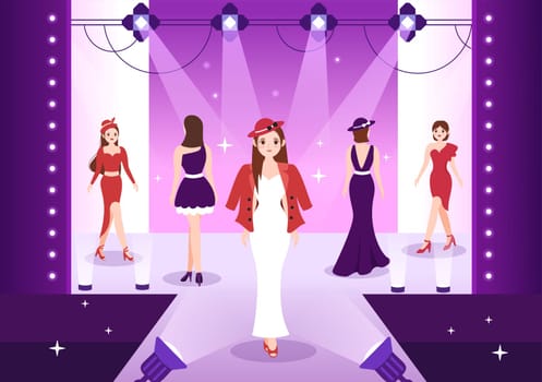Professional Model Template Hand Drawn Cartoon Flat Illustration with Beautiful Women Models Walking on Podium in Fashion Week Event