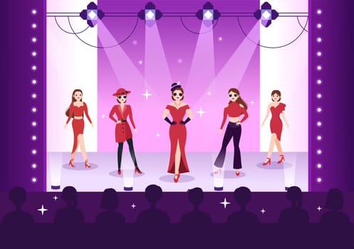 Professional Model Template Hand Drawn Cartoon Flat Illustration with Beautiful Women Models Walking on Podium in Fashion Week Event