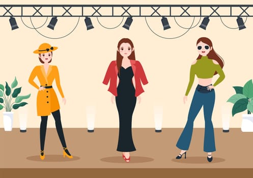 Professional Model Template Hand Drawn Cartoon Flat Illustration with Beautiful Women Models Walking on Podium in Fashion Week Event