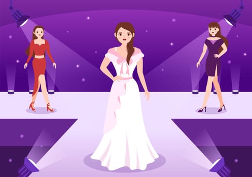 Professional Model Template Hand Drawn Cartoon Flat Illustration with Beautiful Women Models Walking on Podium in Fashion Week Event