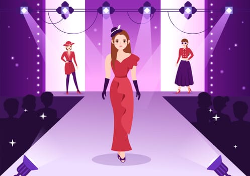 Professional Model Template Hand Drawn Cartoon Flat Illustration with Beautiful Women Models Walking on Podium in Fashion Week Event