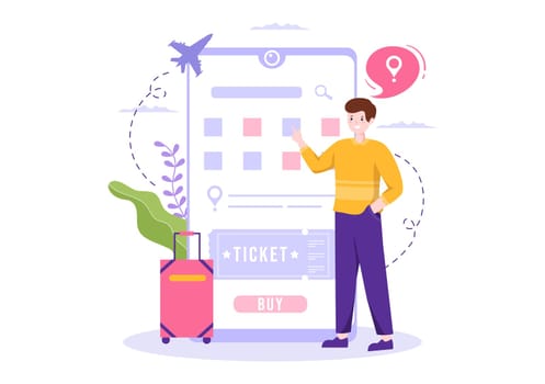 Ticket Travel Online Booking Service App on Smartphone Template Hand Drawn Cartoon Flat Illustration for Trip Planning