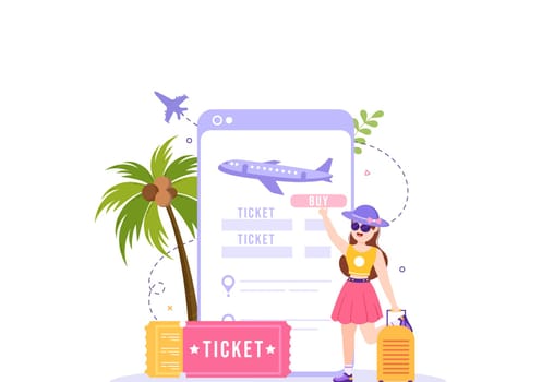 Ticket Travel Online Booking Service App on Smartphone Template Hand Drawn Cartoon Flat Illustration for Trip Planning