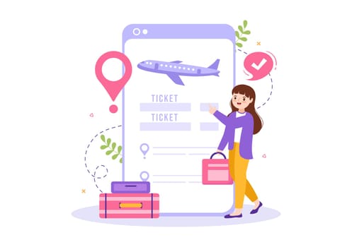Ticket Travel Online Booking Service App on Smartphone Template Hand Drawn Cartoon Flat Illustration for Trip Planning