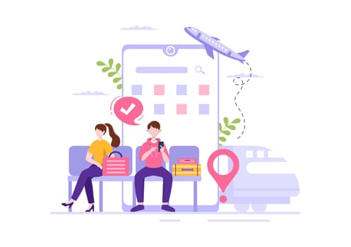 Ticket Travel Online Booking Service App on Smartphone Template Hand Drawn Cartoon Flat Illustration for Trip Planning