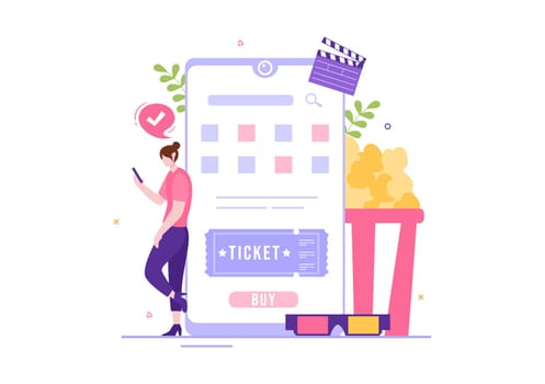 Cinema Ticket Movie for Film Entertainment, Popcorn and Strip Cinematography Template Hand Drawn Cartoon Flat Illustration
