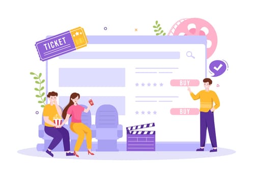 Cinema Ticket Movie for Film Entertainment, Popcorn and Strip Cinematography Template Hand Drawn Cartoon Flat Illustration