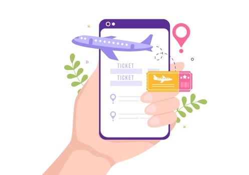 Ticket Travel Online Booking Service App on Smartphone Template Hand Drawn Cartoon Flat Illustration for Trip Planning