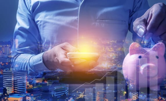 Duoble Exposure, Internet Banking Savings Concept, Online Investment Savings, Online Stock Investors, Internet Financial Transactions, Save Monney for Investors Using Internet to Trade Stocks or Trade Fund