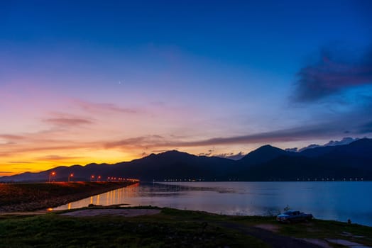 View of landscape nature and river and mountain in evening light