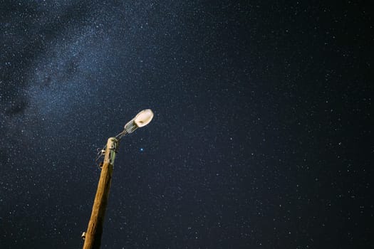 Lantern Lamp On Background Night Starry Sky With Bright Stars.