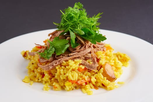 Boiled rice and chopped pulled beef