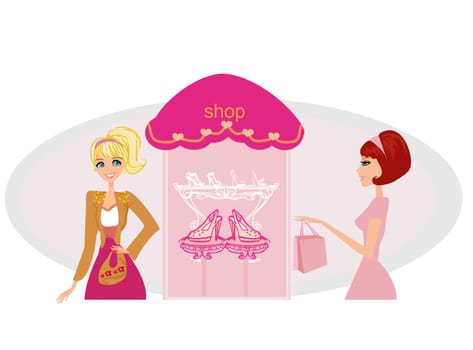 Fashion girls shopping in shoe shop