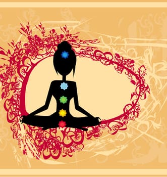 Yoga lotus pose. Padmasana with colored chakra points.
