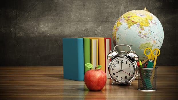 Red apple, books, pencil holder, model globe and alarm clock on green board. 3D illustration.