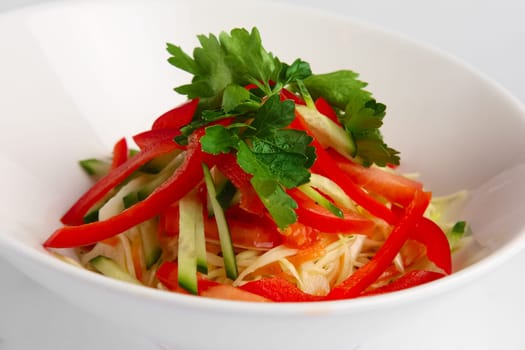 Closeup view of spring salad with paprika, cucumber and cabbage.