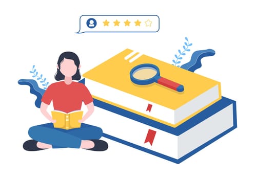 Book Review Template Hand Drawn Cartoon Flat Illustration with Reader Feedback for Analysis, Rating, Satisfaction and Comments About Publications