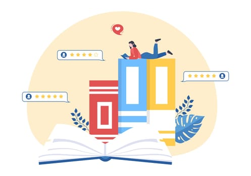 Book Review Template Hand Drawn Cartoon Flat Illustration with Reader Feedback for Analysis, Rating, Satisfaction and Comments About Publications