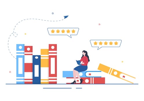 Book Review Template Hand Drawn Cartoon Flat Illustration with Reader Feedback for Analysis, Rating, Satisfaction and Comments About Publications