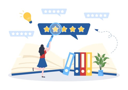 Book Review Template Hand Drawn Cartoon Flat Illustration with Reader Feedback for Analysis, Rating, Satisfaction and Comments About Publications