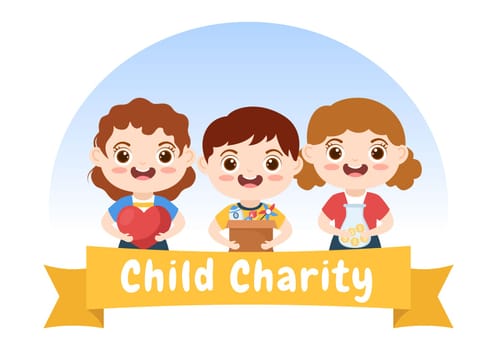 Cardboard Donation Box Containing Toys for Children, Social Care, Volunteering and Charity in Hand Drawn Cartoon Flat Illustration