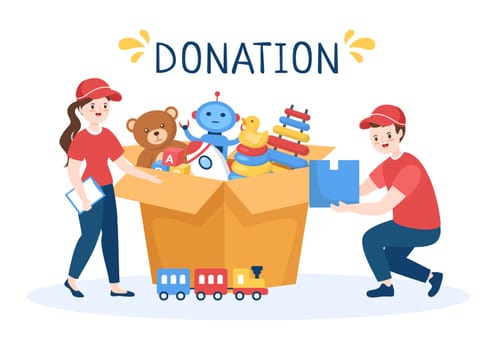 Cardboard Donation Box Containing Toys for Children, Social Care, Volunteering and Charity in Hand Drawn Cartoon Flat Illustration